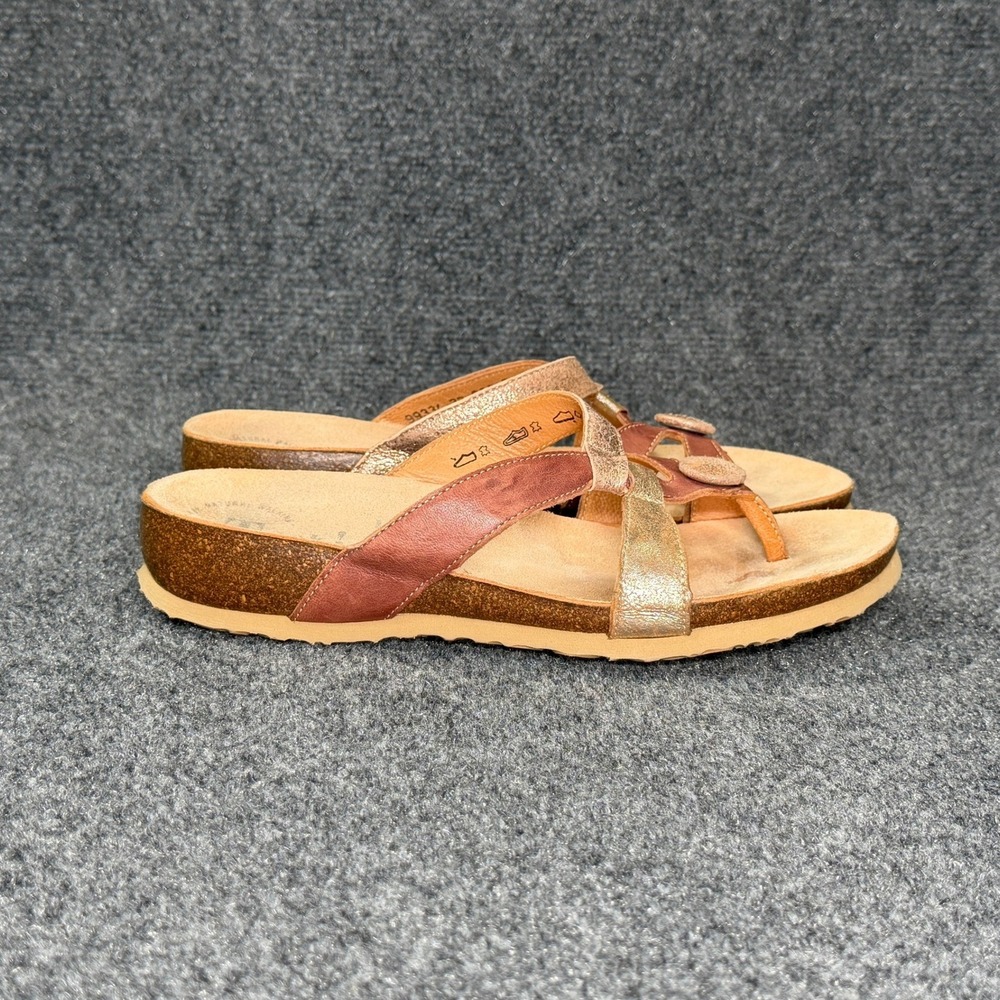 Think Julia Sandals Women's 8 Brown Gold Leather Comfort Casual Thong Flip Flops